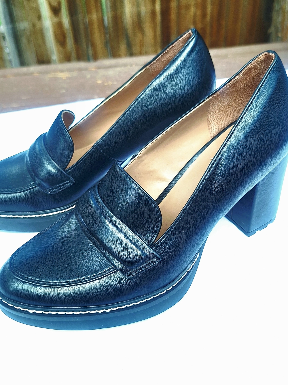 Naturalizer Black Leather Block Heel Loafers with Penny Strap